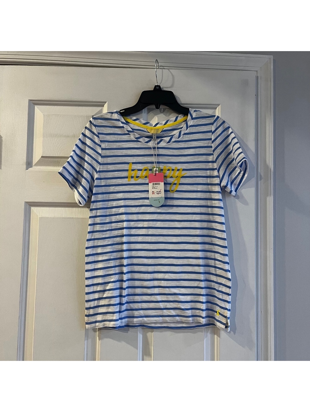 Joules Carley Print Blue and White Striped Cotton T-Shirt with Yellow 'Happy'